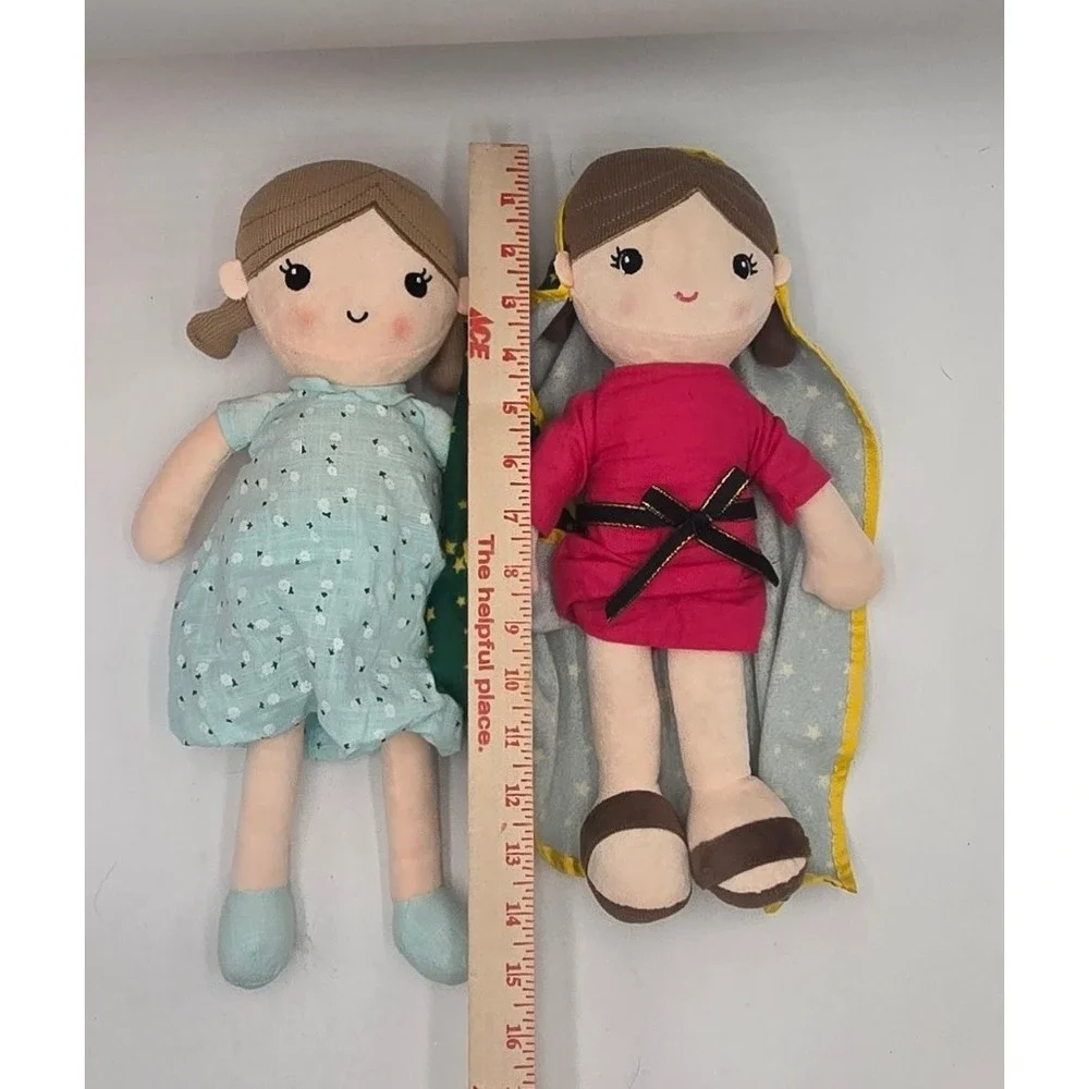 2 Linzy Toys Plush Rag Doll 1 Blue Floral Dress‎ 1 Pink Dress w/ Green Star Cape